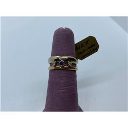 14K YELLOW GOLD RING WITH SAPPHIRE AND MOISSANITES