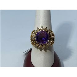 14K YELLOW GOLD AMETHYST RING WITH DIAMONDS