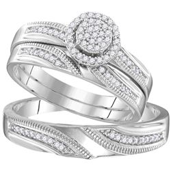 Sterling Silver His & Hers Round Diamond Cluster Matching Bridal Wedding Ring Band Set 1/4 Cttw