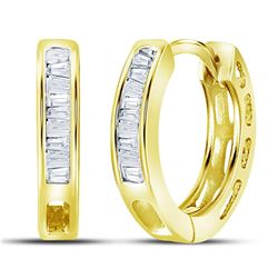Yellow-tone Sterling Silver Baguette Diamond Huggie Earrings 1/8 Cttw