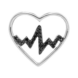 Sterling Silver Round Black Color Enhanced Diamond Heartbeat Heart Pendant 1/10 Cttw