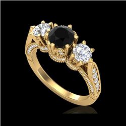 2.18 ctw Fancy Black Diamond Art Deco 3 Stone Ring 18K Yellow Gold