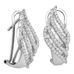 14kt White Gold Round Baguette Diamond Half J Hoop French-clip Earrings 1-1/3 Cttw