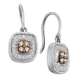 14kt White Gold Round Brown Diamond Square Cluster Dangle Earrings 1/3 Cttw