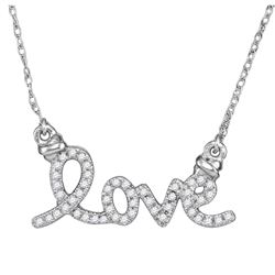 10kt White Gold Round Diamond Cursive Love Pendant Necklace 1/8 Cttw