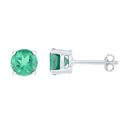 Sterling Silver Round Lab-Created Emerald Solitaire Stud Earrings 2.00 Cttw