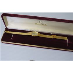 Ladies Omega Watch w/ Case, Back Marked 14K, Front Crystal (left) Scratched