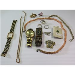 Mics Jewelry: Watches (Bulova, Seiko), Pearl Ring, Ring w/Black Enameled Lettering, Rope Chains, Nec
