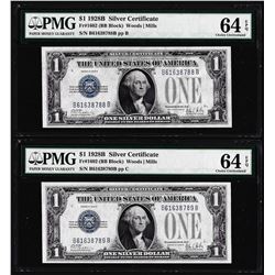 (2) Consecutive 1928B $1 Silver Certificate Notes Fr.1602 PMG Choice Uncirculated 64EPQ