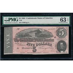 1864 $5 Confederate States of America Note PMG 63EPQ