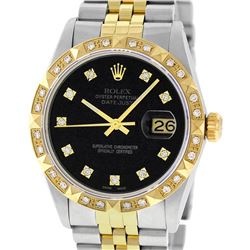 Rolex Mens 2 Tone 14K Black Diamond Pyramid Bezel Datejust Wristwatch