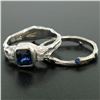 Image 3 : 18K White Gold Emerald Sapphire Bezel Solitaire Ring Band Set