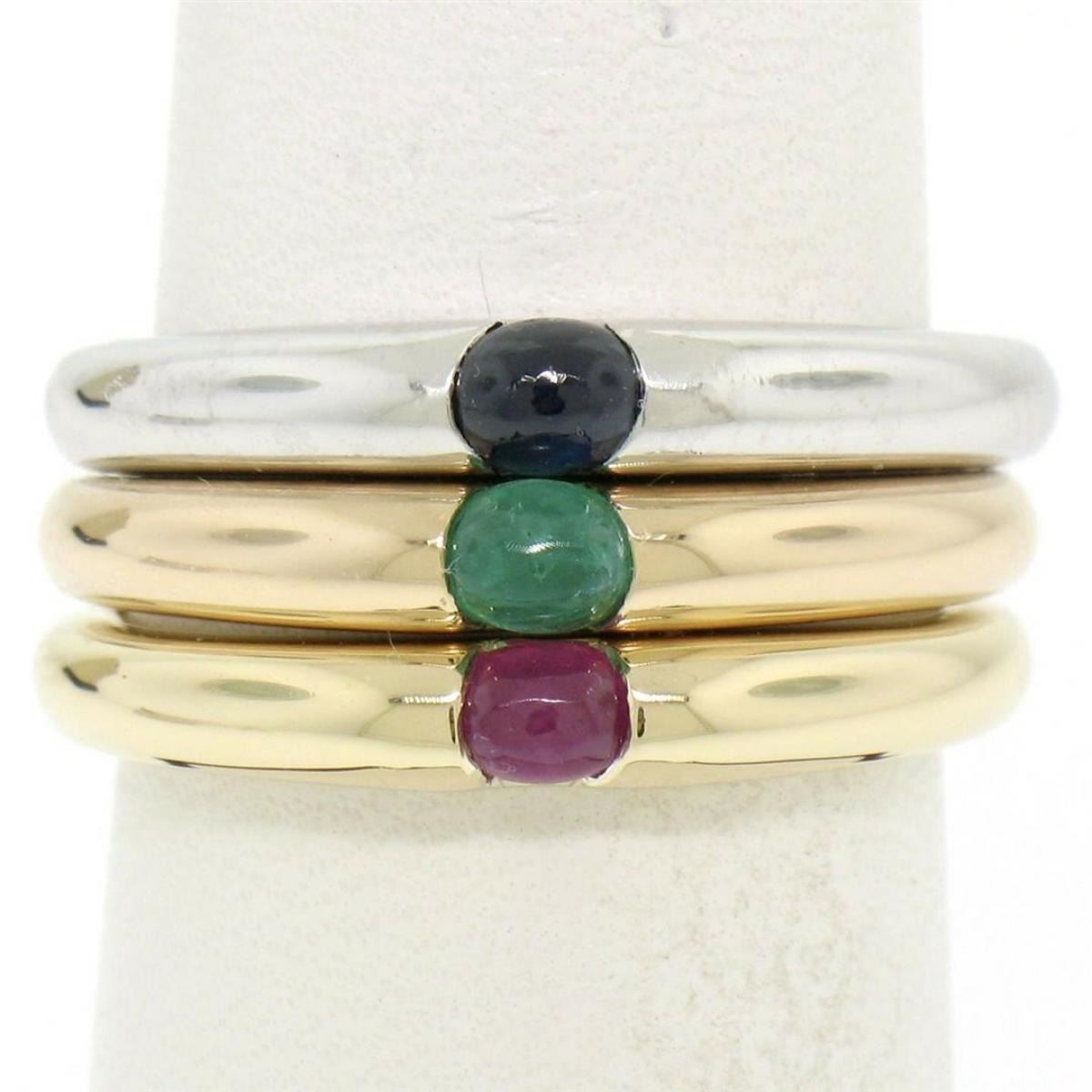 14K Tri Color Gold 3 Stackable Tension Set Emerald Sapphire Ruby ...
