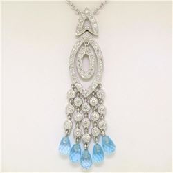 18k White Gold 1.30 ctw Diamond & Blue Topaz Briolette Chandelier Dangle Necklac