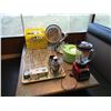 Image 1 : HAMILTON BEACH BLENDER, CRATE OF SALT & PEPPER SHAKERS, ASSORTED KITCHEN STRAINERS, SHOT GLASSES,