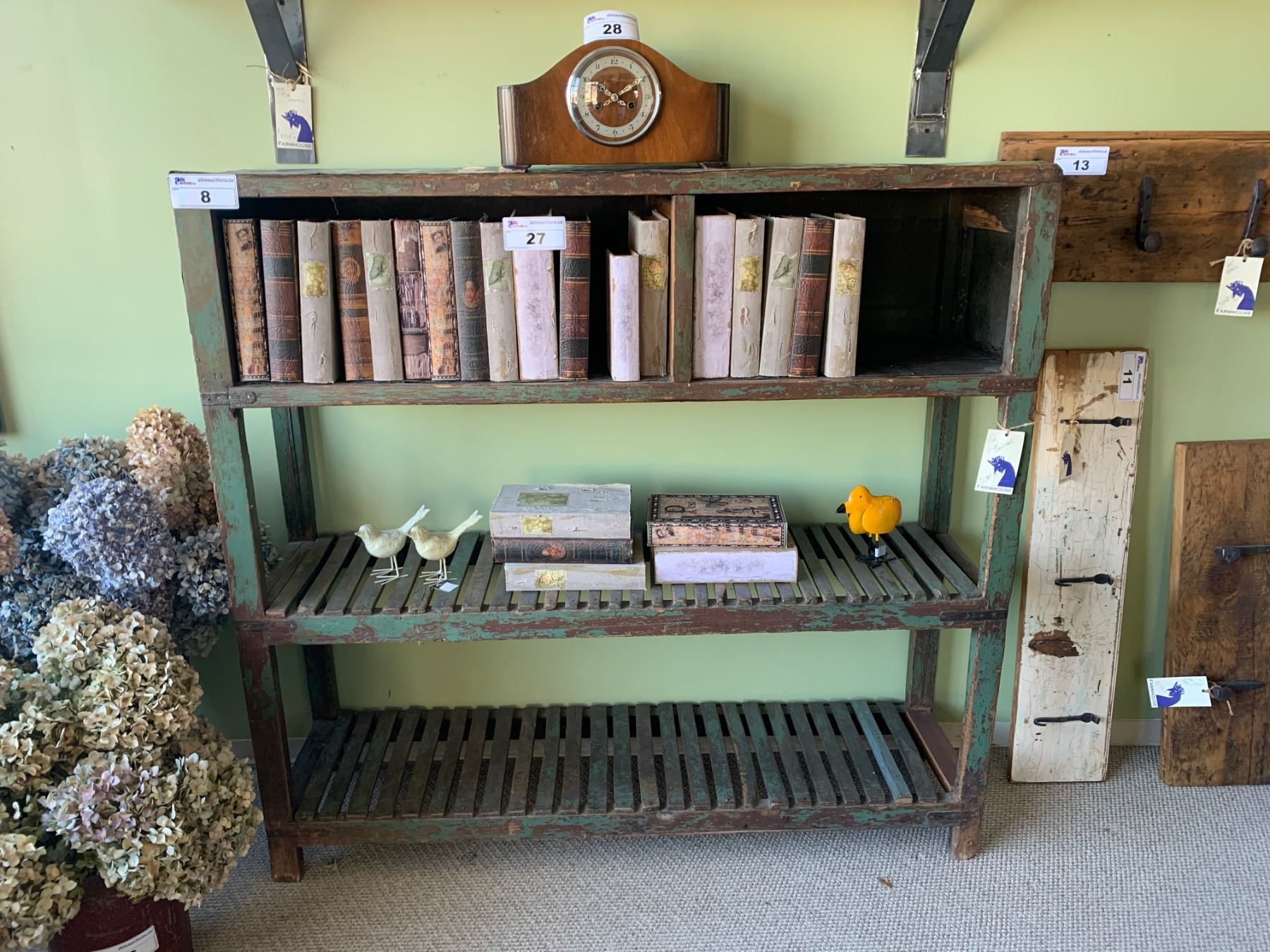 4 TEIR WOOD / METAL ANTIQUE GREEN RUSTIC BOOKCASE