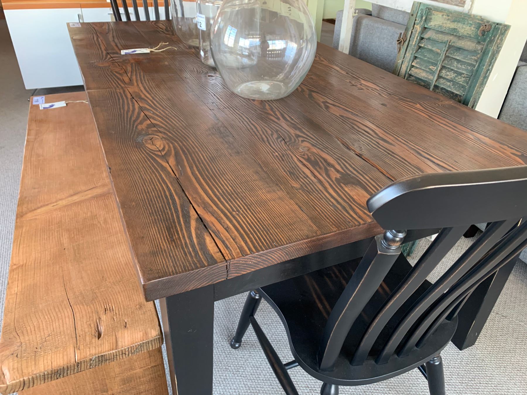 DARK STAIN / BLACK VINTAGE FIR RUSTIC DINING TABLE WITH 2 BLACK SLAT ...