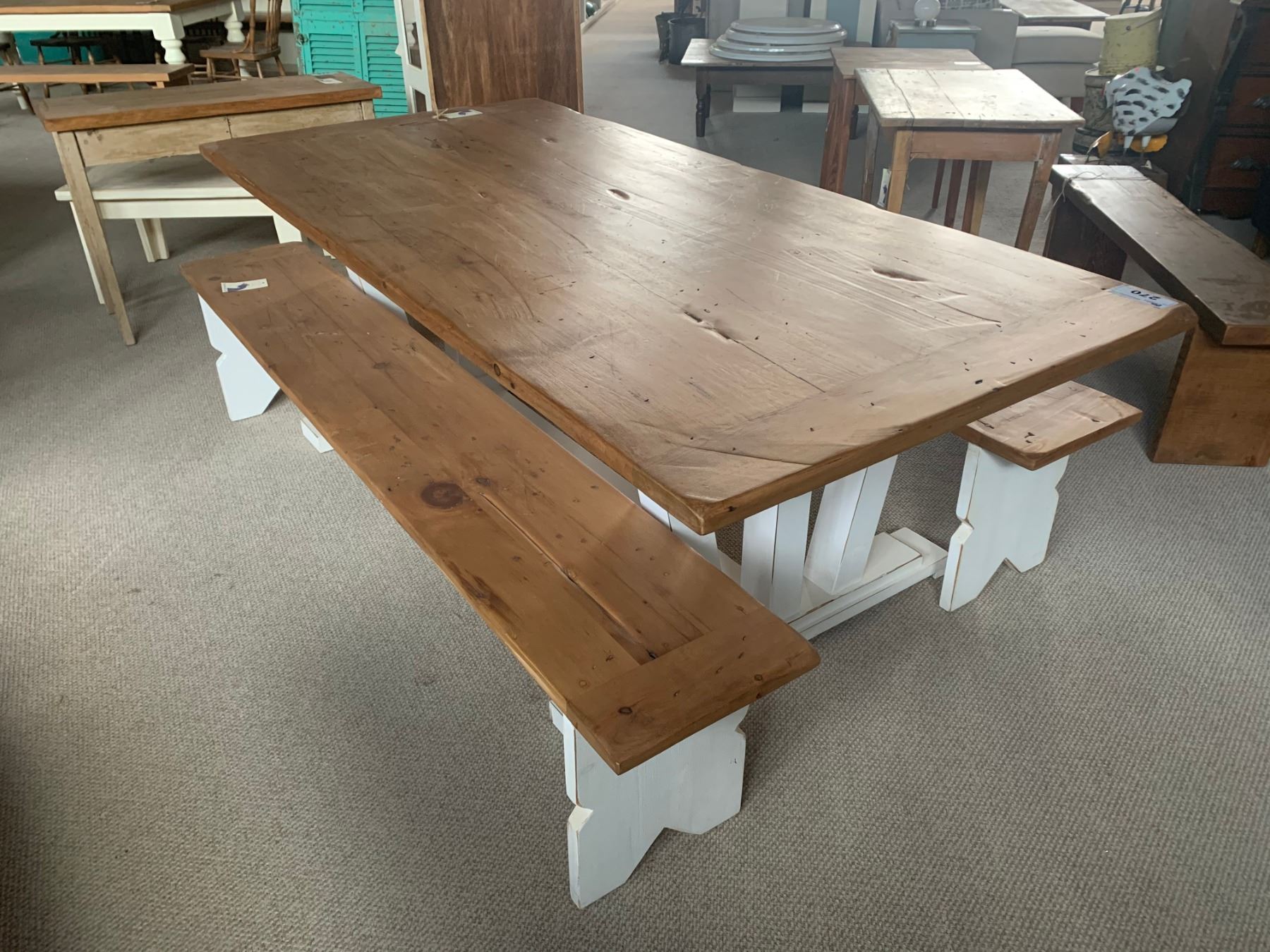 RUSTIC TOP, WHITE OLD PINE SOLID WOOD MESS HALL TABLE WITH 2 BENCHES