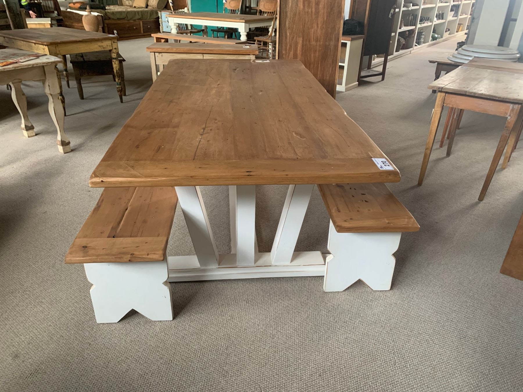 RUSTIC TOP, WHITE OLD PINE SOLID WOOD MESS HALL TABLE WITH 2 BENCHES
