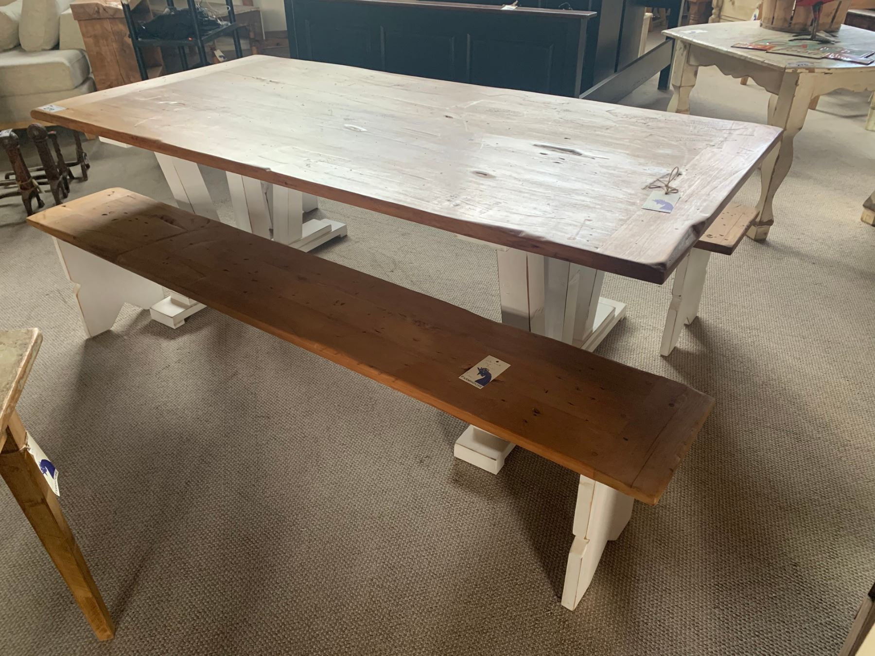 RUSTIC TOP, WHITE OLD PINE SOLID WOOD MESS HALL TABLE WITH 2 BENCHES
