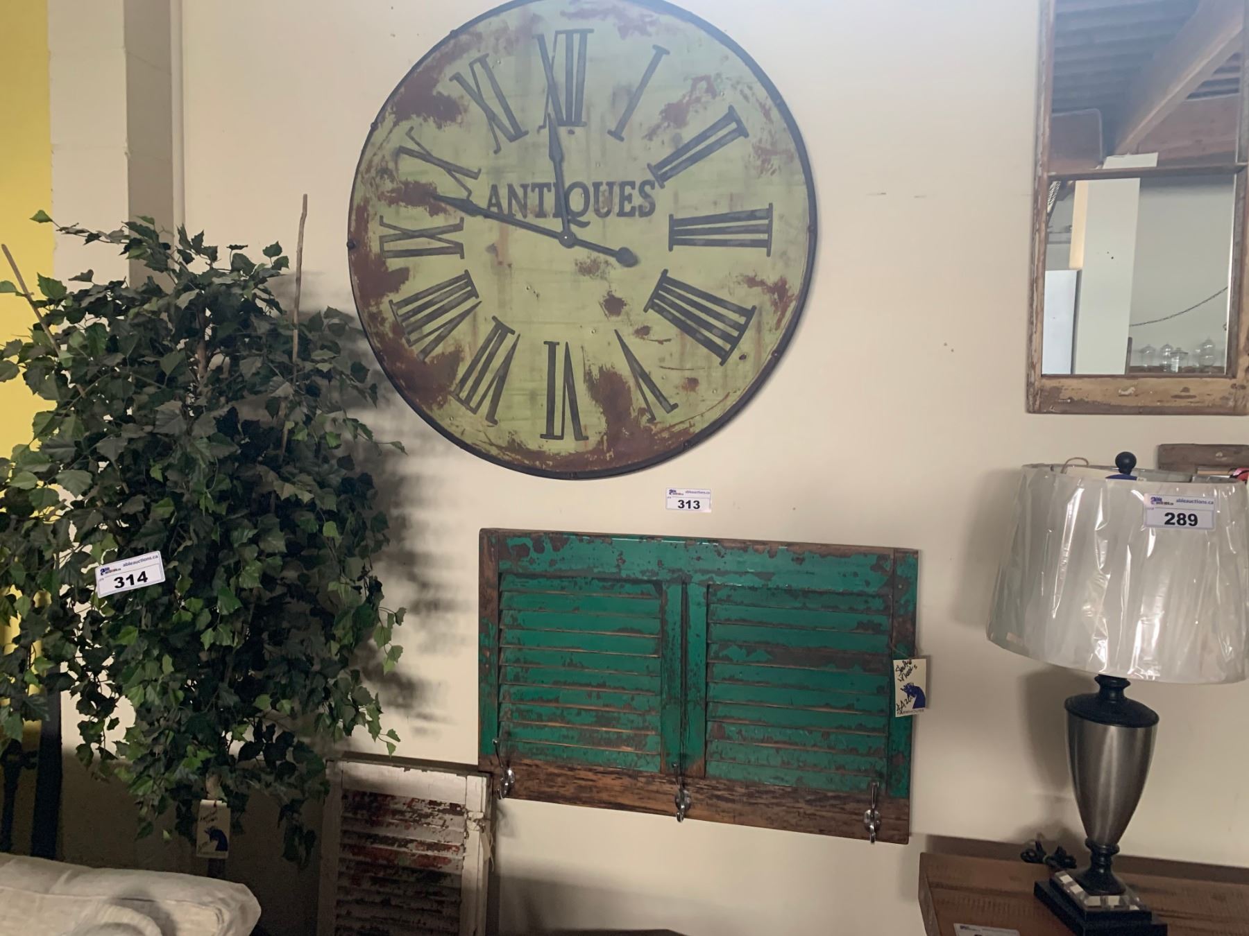 Shutter Clocks 2 RUSTIC WOOD SHUTTERS & LARGE ANTIQUE GREEN PAINTED CLOCK