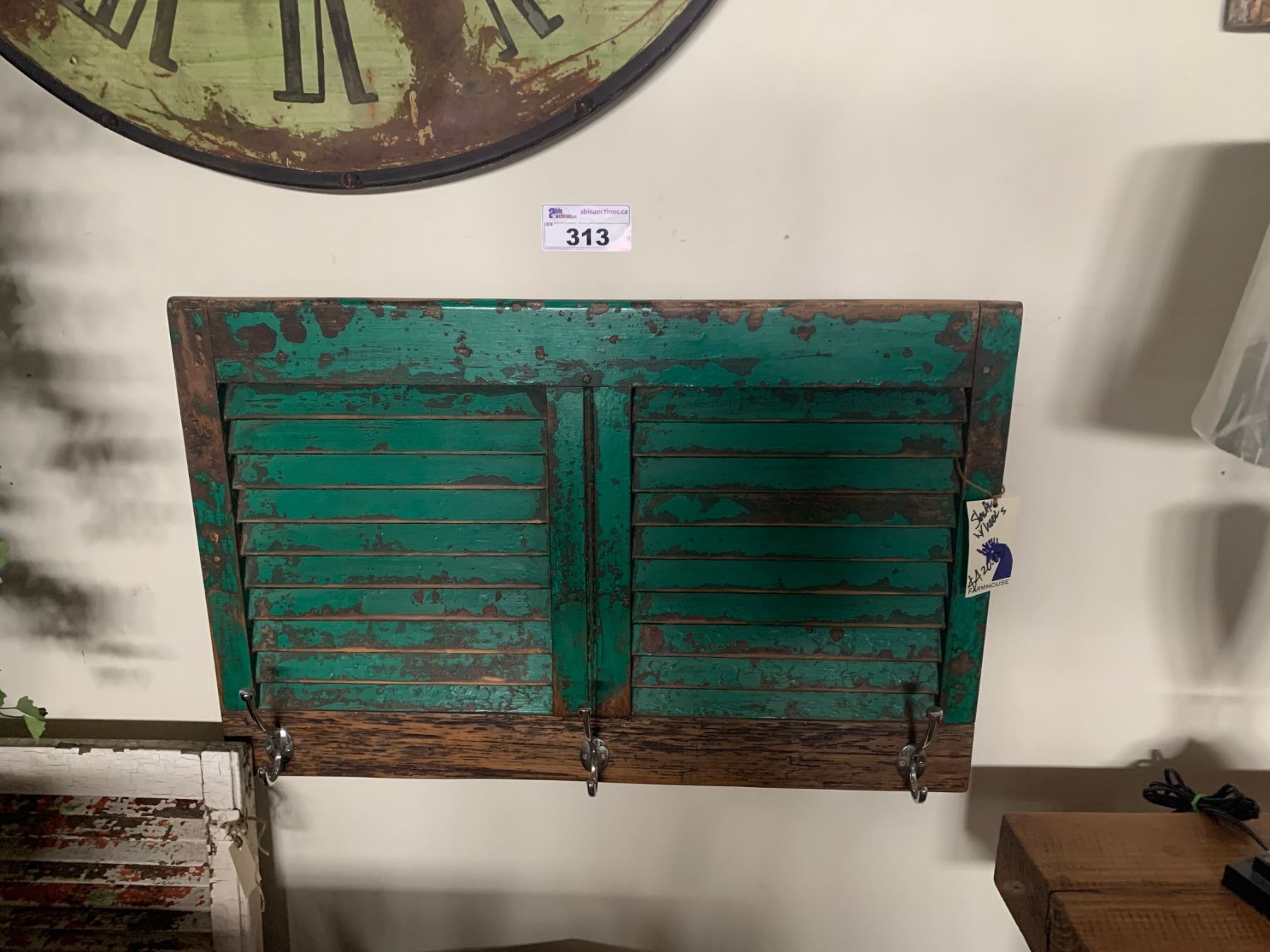Shutter Clocks 2 RUSTIC WOOD SHUTTERS & LARGE ANTIQUE GREEN PAINTED CLOCK