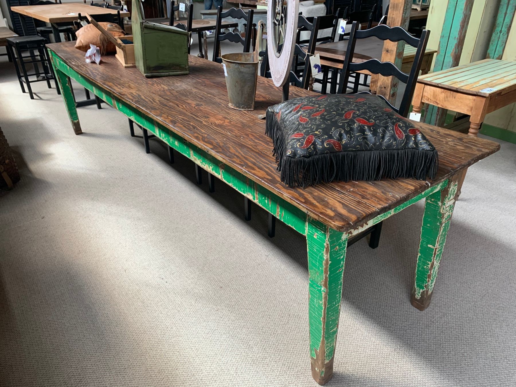ANTIQUE NATURAL TOP & PAINTED WOOD MESS HALL TABLE
