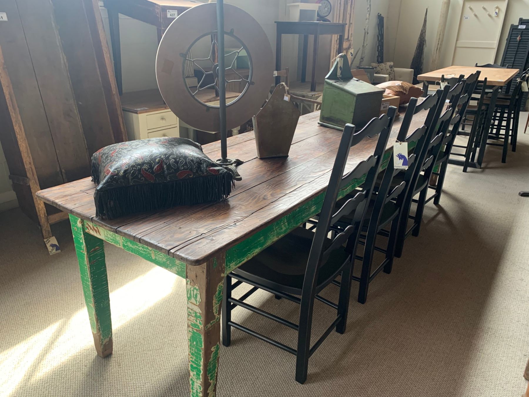 ANTIQUE NATURAL TOP & PAINTED WOOD MESS HALL TABLE