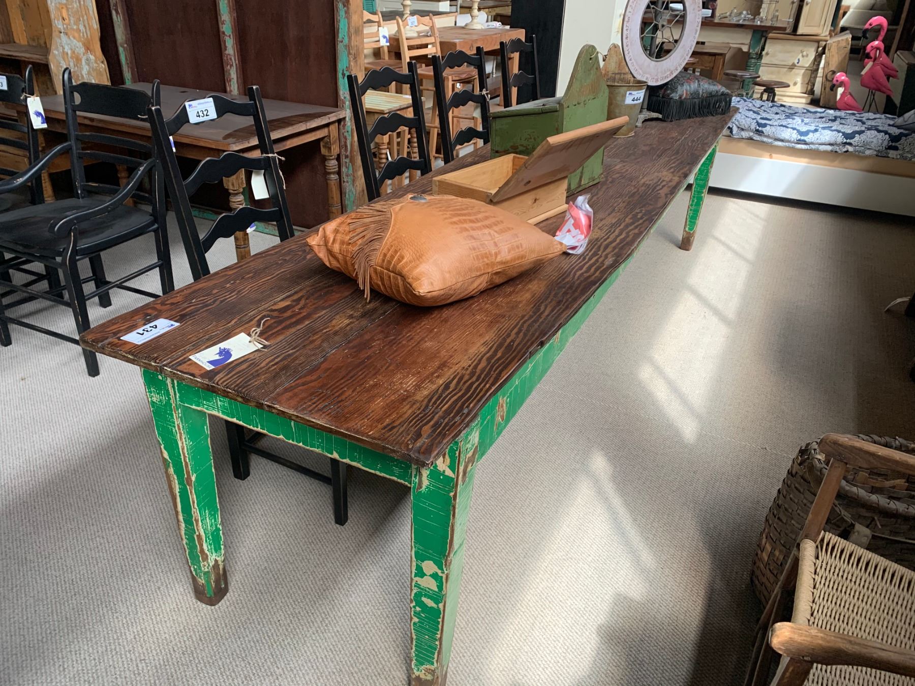 ANTIQUE NATURAL TOP & PAINTED WOOD MESS HALL TABLE