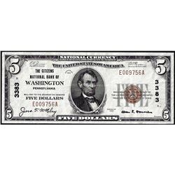 1929 $5 Citizens NB of Washington, Pennsylvania CH# 3383 National Currency Note