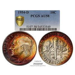 1954-D Roosevelt Dime Coin PCGS AU58 Amazing Toning