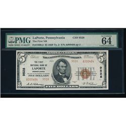 1929 $5 LaPorte National Bank Note PMG 64EPQ