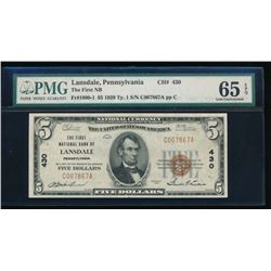 1929 $5 Pennsylvania National Bank Note PMG 65EPQ