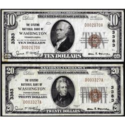Lot of 1929 $10/20 Citizens NB Washington, PA CH# 3383 National Currency Notes