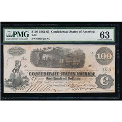 1862-63 $100 Confederate States of America Note PMG 63