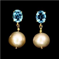 Natural Pearl & Swiss Blue Topaz Earrings