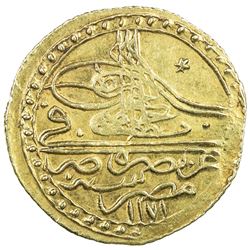 EGYPT: Mustafa III, 1757-1774, AV zeri mahbub (2.57g), Misr, AH1171. EF