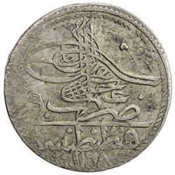 TURKEY: Osman III, 1754-1757, AR 10 para (5.73g), Kostantiniye, AH1168. EF-AU