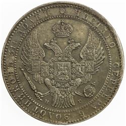 POLAND: Nicholas I, 1825-1855, AR 1 1/2 roubles (10 zlotych), St. Petersburg mint, 1836. AU