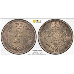ROMANIA: Ferdinand I, 1914-1927, 2 lei, Poissy mint, 1924. PCGS MS65