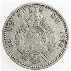 BOLIVIA: AR medal (6.19g), 1908. VF