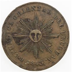 URUGUAY: Republic, AE 20 centesimos, 1843/0. VF