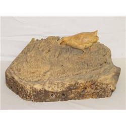 8" BURLWOOD CARVED BIRD HUNTING AN INSE