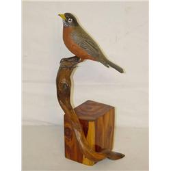 8 1/2" ROBIN BIRD CARVING ON A TWIG & C