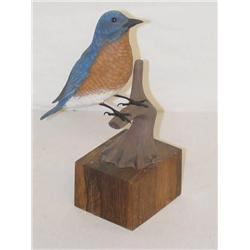 6" EASTERN BLUEBIRD CARVING ON A WOODEN
