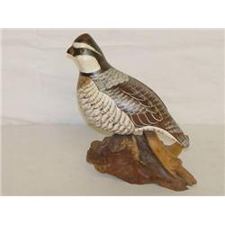 9" BOB WHITE QUAIL BIRD CARVING ON A WO