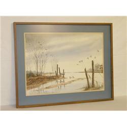 FRAMED WATERCOLOR OF RED HEAD DUCKS IN 