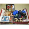 Image 1 : BOX OF MISC. SPORTS COLLECTABLES, LUNCH KIT, GLASSES, PLASTIC CAPS, ETC.