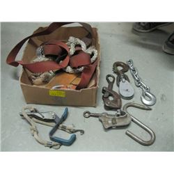 BOX OF MISC. PULLEY, BLOCKS, PULLERS, CABLE PULLER, MEAT HOOKS, ETC.