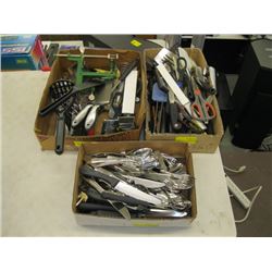 3 BOXES OF KITCHEN UTENSILS, CUTLERY, ETC.